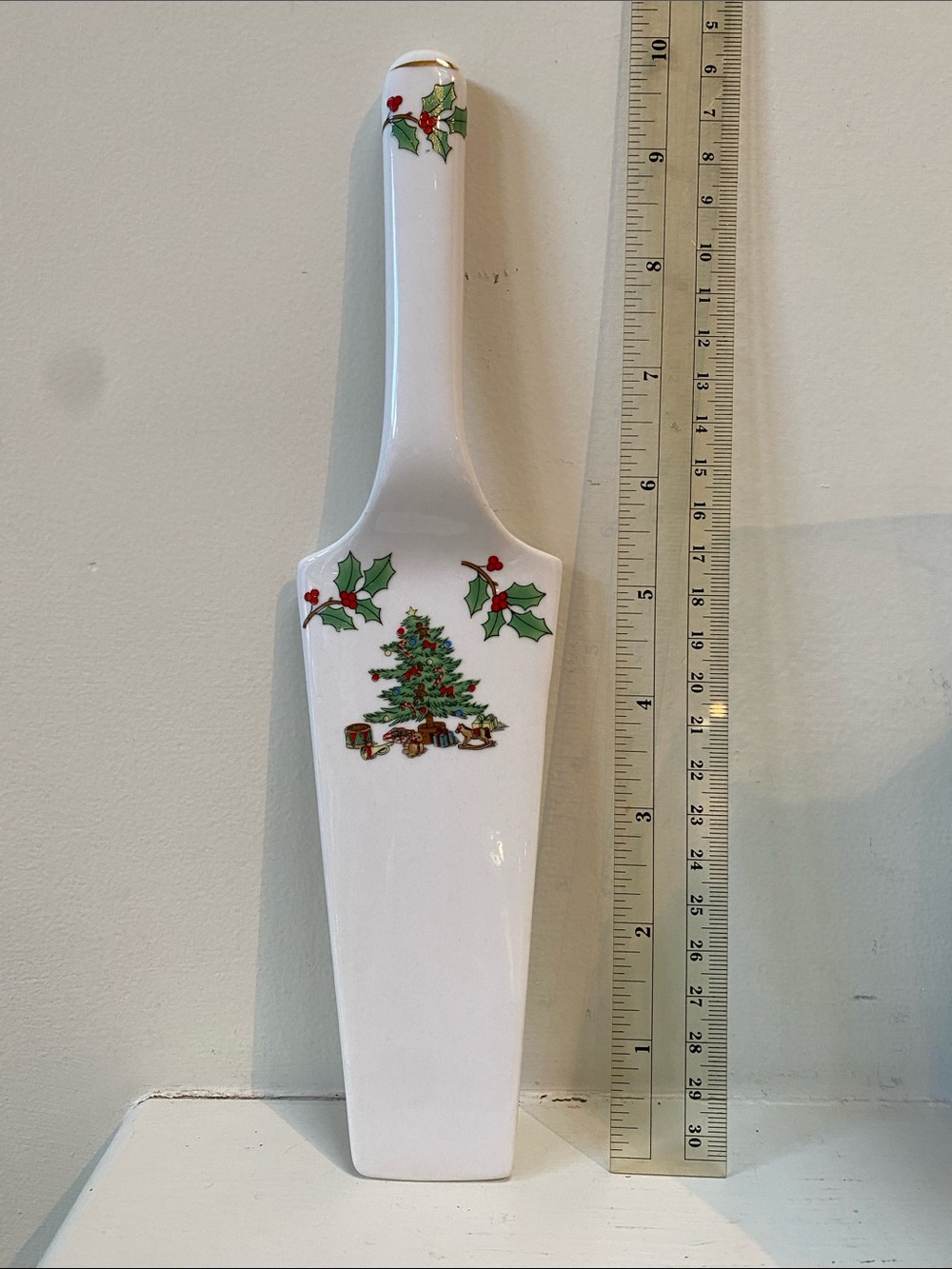 Vintage White Ceramic cake Server with Holiday Tree and Holly